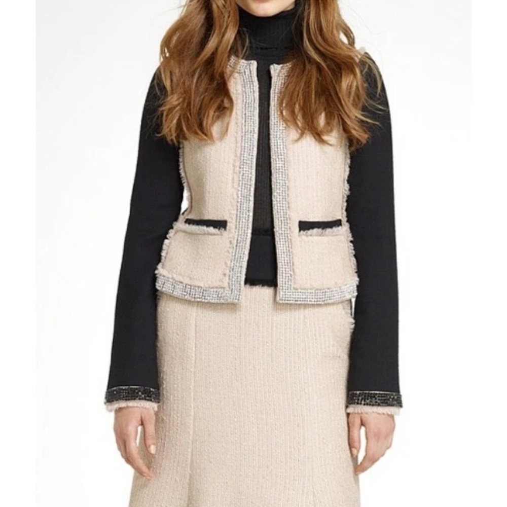 Tory Burch Sairy Bling Wool Tweed Jacket Black Tan Rhinestones Crystals Size 8 - Picture 2 of 12
